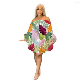 Casual Dresses For Women 2023 Summer Sexy Lantern Sleeve Polyester Printing Strapless Regular Mini Dress