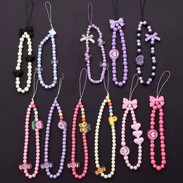 Bowknot Charm Bracelets Love Phone Chain Anti-Lost Wrist Straps Handmade Acrylic Boho Lanyard Keychain Beaded Colorful Smile Hanging Cord Universal