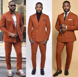 Men's Suits Tailored Orange Blazer Trousers Men Sets Peaked Lapel Wedding Outfits Party Wear Clothes 2pcs Jacket Pants Double Breasted