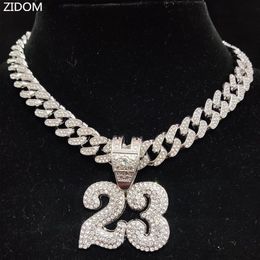 Pendant Necklaces Men Women Hip Hop Number 23 Pendant Necklace With 13mm Crystal Cuban Chain HipHop Iced Out Bling Necklaces Fashion Charm Jewellery 230412