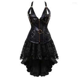 Bustiers & Corsets Women Gothic Steampunk Corset Dress Pirate Costume PU Leather Bustier Lingerie Top With Asymmetric Floral Lace Skirt Set