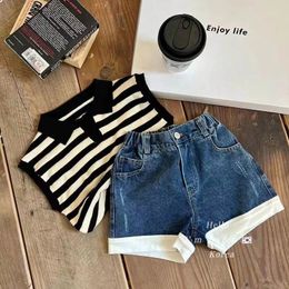 Clothing Sets Summer Black Stripe Little Girls Children Two 2 Piece Top shorts Denim Baby Clothes Kids Vacation Outfits 230412