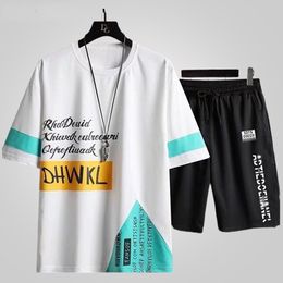 Men s Tracksuits Summer T Shirt Set Fashion Casual Sports Short Sleeve Shorts Two Piece Loose Men Clothing Letter Print Sportswear 230411