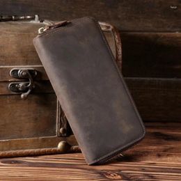 Wallets Men's Long Wallet Clutch Genuine Leather Business Cowhide Crazy Horse Zipper Cash Card Phone Holder Handbag For Man Male
