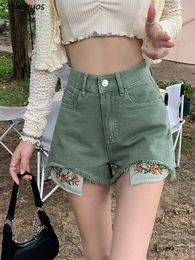 Women's Shorts Denim shorts women's sweet floral embroidery sexy high waisted retro fashion design ultra-thin summer women's fully matched street clothing 230412