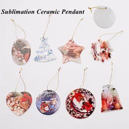 Sublimation Blanks Ornaments White Ceramic 3 Inch Round Heart Star Christmas Tree Porcelain Pendants with Gold String for Home Dec155i