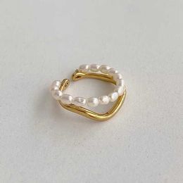 Band Rings Minar INS Fashion Natural Freshwater Pearl Charm Rings for Women Double Layered Gold Color Metal Irregular Geometrical Open Ring AA230412
