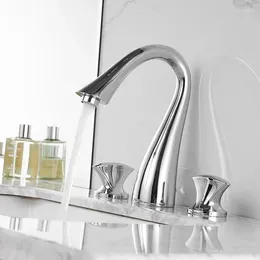 Bathroom Sink Faucets Brass Chrome Plated Basin Faucet 3 Hole Double Handle Cold Water Tap European 3PCS Set