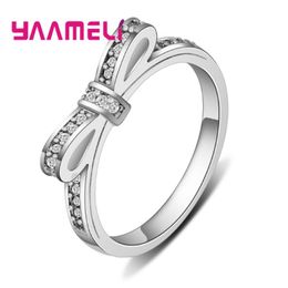 Cluster Rings 925 Sterling Silver Simple Bowknot Clear Cubic Zirconia Ring Engagement Wedding Party Jewelry Sweet Birthday Xmas Gift