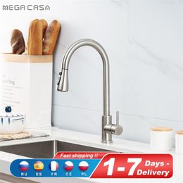 Kitchen Faucets Brushed Nickel Pull Out Sink Water Tap Deck Mounted Mixer Stream Sprayer Head Cold Taps Black Chrome 230411