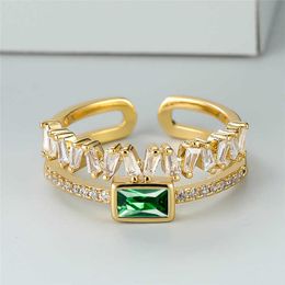 Band Rings Vintage Gold Colour Wedding Ring White Zircon Double Layer Opening Ring Green Crystal Rectangle Stone Rings For Women Men Jewellery AA230412