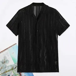 Men's Casual Shirts Single-breasted Button Shirt Soft Men Breathable Summer Cardigan Hollow Out Lapel Solid For Sport