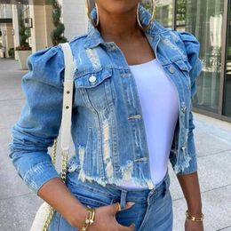 5XL Womens Denim Jackets Fashion Bubble Sleeve Short Coat Streetwear Worn Denim Jacket Tops Designer Mini Jeans