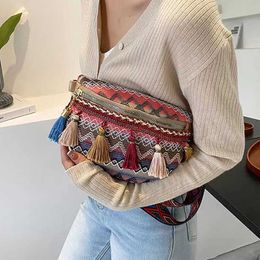 Women Ethnic Style Waist Bags With Adjustable Strap Variegated Color Fanny Pack with Fringe Decor Crossbody Chest Bags 230412