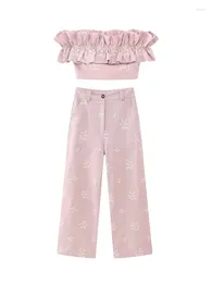 Women's Two Piece Pants Summer 2023 Vest Embroidery Short One Shoulder Top Pink High Waist