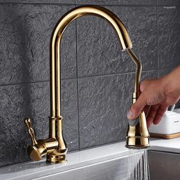 Kitchen Faucets Tuqiu Gold Sink Faucet Pull Out Tap Single Hole Handle Swivel Water Mixer