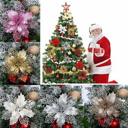 Christmas Decorations 2022 10pcs Flowers Tree Hanging Ornaments 11cm Poinsettia Glitter Flower Party Home3066