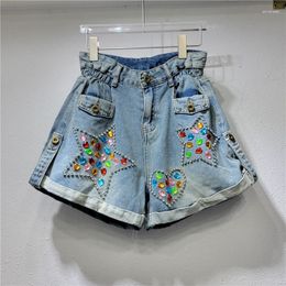 Women's Jeans Fashion Shorts 2023 Summer Heavy Industry Diamond Beaded Wide Leg Flanging Denim For Women Sexy Pants Mujer