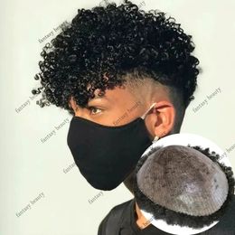 Durable Skin Pu Base Toupees Natrual Black African American Mens Toupee Human Hair Wig Afro Kinky Curly Weave Replacement System for Men