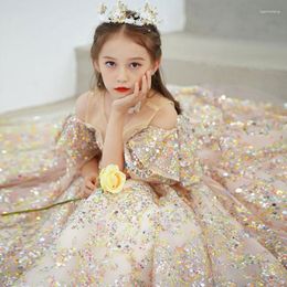 Vestidos meninas garotas meninas brilho lantejouno de beleza vestido infantil festas de aniversário princesas crianças tutu exuberante banquete de ombro frio
