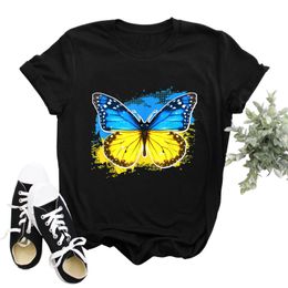 Womens TShirt White Tshirt Butterfly Printed Short Sleeve Ukrainian Flag T Shirt Blouse Fashion Tops Clothing 230411