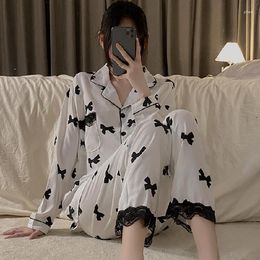 Women's Sleepwear Silk Pyjamas Lace Women Bow Princess For Spring Autumn Two Piece Set Satin Ladies Pyjamas Night Loungewear