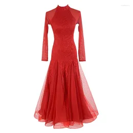 Stage Wear High Collar Ballroom Competition Dance Dresses Women Long Sleeve Flamenco Skirt Lady's Elegant Lace Standard Dress