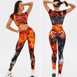 Active Sets Fire Tracksuit Women 2023 Sports Tights Woman Suit Workout Seamless Skull Yoga Set Sportswear FITNESS T SHIRT Leggings Push Up