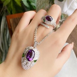 Jewellery Amethyst Snake Set Purple Diamond Snake Pendant Open Ring Colourful Treasure Ear Studs Short Clavicle Chain