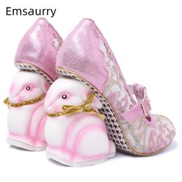 Dress Shoes Hand drawing Rabbit Strange Heel Women Pumps Embroidery Lace Air Mesh Buckle Belt Round Toe Banquet Shoes For Girls 231110