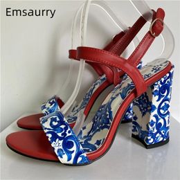 Dress Shoes Blue And White Porcelain Print Sandals Women Ankle Strap Genuine Leather Concise Open Toe Party Shoes Summer 231110