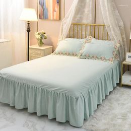 Bed Skirt Pink Cool Ice Silk Single Piece Bedspread Hollowed Out Lace Pillowcase Non Slip With Strap Solid Colour Sheet