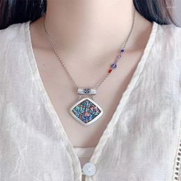 Pendant Necklaces Ethnic Style Square Flower Bend Burnt Blue Female Blossoms Rich And Noble Collar Chain