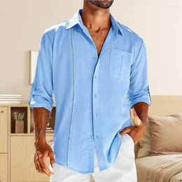 Men's Casual Shirts Men Lapel Long Sleeve Shirt Lace Stitching Solid Colour Loose Fit Tops Single Breasted Work Top Coat