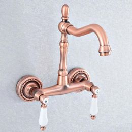 Bathroom Sink Faucets Antique Red Copper Basin Faucet Wall Mounted Double Handle Swivel Spout And Cold Mixer Nsf885