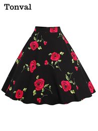 Skirts Tonval Flower Vintage Swing Midi Skiing Vintage Flower Print Elegant Women's 1950s High Waist Cotton A-line Skiing 230412