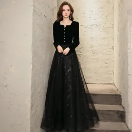 Black Elegant Celebrity Dress Velvet Full Sleeves Pearl Button Square Collar Empire Sequins A-Line Tulle Woman Formal Party Gown