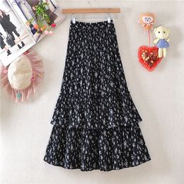 Skirts Mid calf chiffon summer elegant women's street clothing high waist casual long layer floral print black dress DS233 230412