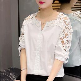 Women's Blouses White Lace Off-the-shoulder Shirt Large Over Size Loose Korean Version Hook Flower Hollow Blouse Plus
