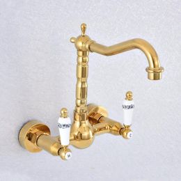 Bathroom Sink Faucets Gold Color Brass Wall Mounted Swivel Spout Faucet Double Handle Mixer Tap Zsf610