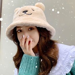 Berets Korean Fashion Winter Bear Ears Bucket Hat Women Trendy Soft Coral Fleece Velvet Girls Cute Cartoon Furry Warm Fisherman