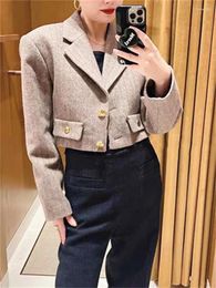 Women's Jackets Elegant Tweed Short Blazer Coat Silhouette Metal Buttons Ladies Long Sleeve Notched Small Fragrance Jacket Tops