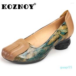 Dress Shoes Koznoy Elegant Woman Heeled 5cm Retro With Ethnic Print In Luxury Artistic Genuine Leather Summer Chunky Heels Ladies