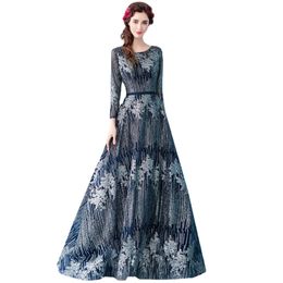 New The Banquet Luxury Evening Dress Navy Blue Long Sleeved Shiny Bling Bling Party Formal Gown Robe De Soiree
