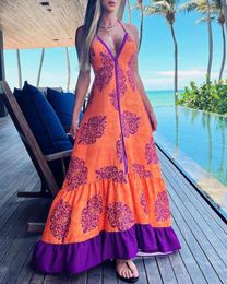 Casual Dresses Sexy Women's Dress 2023 Summer Fashion Vintage Beach Tribal Print Ruffle Halter Backless Vacation Maxi