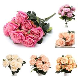 Bouquet 10 Head Artificial Silk Cloth Rose Wedding Bridal Flower Home Party Decor Light Peach Decorative Flowers & Wreaths306U
