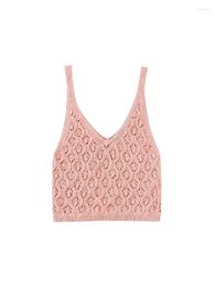 Women's Tanks XIKOM Women Fashion Chic Pink Jacquard Openwork Knitted Camis Tops Female V-Neck Cropped Sling Casual Wear