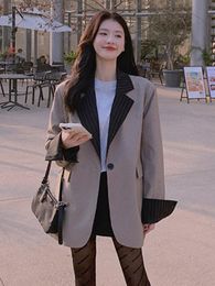 Women's Suits & Blazers Stitching Blazer For Women Notched Long Sleeves Striped Colour Block Loose Coat Office Lady Fashion 2023 Autumn 2R342