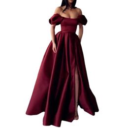 Custom Color Satin Prom Dresses Strapless Off the Shoulder Split Evening Dresses Pleated A-Line Long Formal Gowns