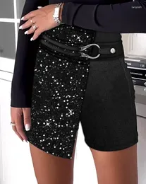 Women's Shorts Elegant 2023 Spring Velvet Contrast Sequin Buckled Skorts Splicing Above Knee Office Wear